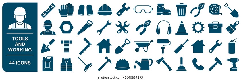 Tools and working safety icons set. Repair, handyman, fixing, work, safety gears, tool logo, icon, sign collection. Vector illustration image. Isolated on white background.