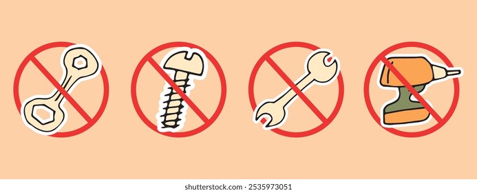 herramientas, llave, prohibición de herramientas. No se pueden usar herramientas de construcción. un martillo. Regla. el ícono. Vector. estilo doodle. sierra. ruleta. guantes.