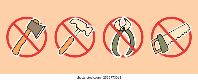 herramientas, llave, prohibición de herramientas. No se pueden usar herramientas de construcción. un martillo. Regla. el ícono. Vector. estilo doodle. sierra. ruleta. guantes.