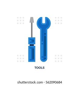 Tools Wrench And Screwdriver Flat Icon. Logo Template. Material Design Illustration Concept. High Quality Pixel Perfect Web Design Graphics. Colorful Collection. Vector Illustration