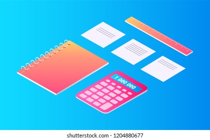 Tools for writing and calculating cartoon set isolated vector banner. Notebook on spring and sheets of paper, ruler and calculator 3d isometric design