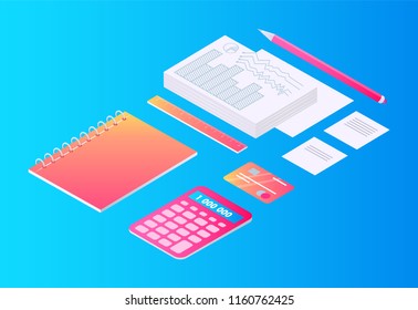 Tools for writing, calculating and measuring cartoon vector set. Notebook and sheets, pile of papers, pencil and ruler, calculator and credit card