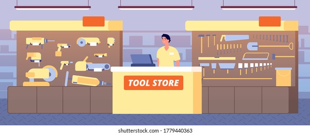 Toolstore interior. Tools shop, construction hardware on shelf. Salesman at counter showing instruments for builders vector illustration