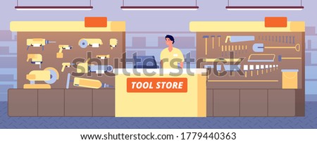 Toolstore interior. Tools shop, construction hardware on shelf. Salesman at counter showing instruments for builders vector illustration