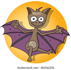 Toon bat on moon background card for Halloween, children's illustration, vector