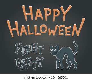 Toon flat vector illustration for Happy Halloween. Drawing style for night party with creepy, but cute kitty. Celebration invitation with isolated cat character for autumn banner. Happy feline party.