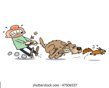 A toon guy struggling to hold back his dog from chasing a squirrel