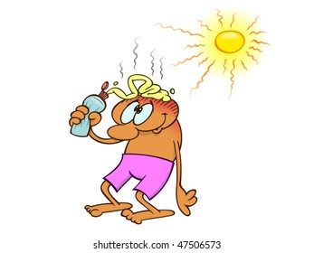 A toon man squirting sunblock on top of his bald head and standing under the blazing sun