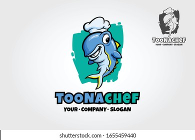 Toonachef Vector Logo Illustration. Illustration of a fish chef in cartoon style. Cartoon happy fish characters.