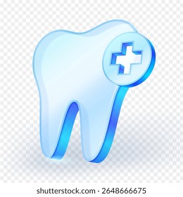 Tooth 3d glass icon and medical cross symbol, isolated on transparent background. For dental, healthcare and oral hygiene design projects. Vector illustration.