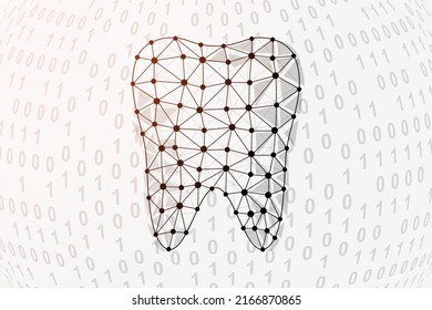 Símbolo de polos bajos 3d con fondo de código binario. Ilustración vectorial del diseño de la ciencia dental. Símbolo poligonal estomatológico con puntos conectados