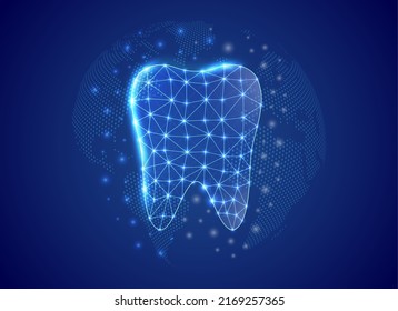 Tooth 3d low poly symbol with blue world map background. Dentistry concept design illustration. Stomatology polygonal symbol with connected dots