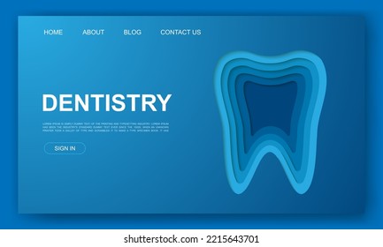 Tooth 3d paper cut style website template. Dentistry paper cut illustration. Stomatology symbol for landing page, advertising page.