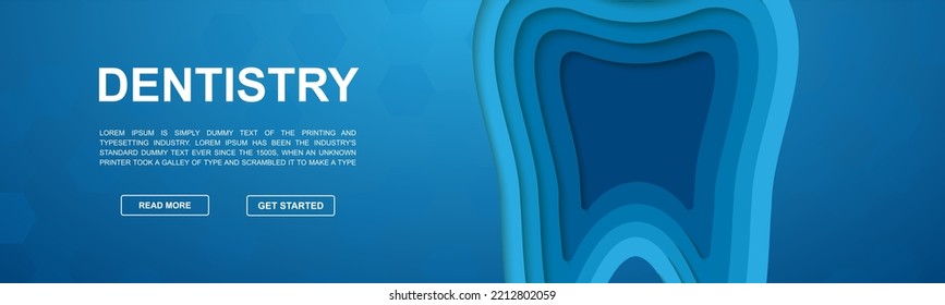 Símbolo de corte de papel 3d dental para el cartel de promoción de la cabeza. Concepto de ilustración del diseño de la ciencia dental. Gráfico estomatológico de corte de papel horizontal