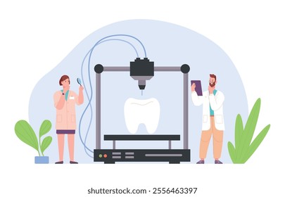 Tooth 3d printing. Dentistry scientist engineer print teeth model prototype computer engineering machine orthodontic lab, future innovation technology medicine vector illustration original artwork