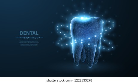 Tooth. Abstract low poly shine bright tooth illustration. Blue background and stars. Dental care, dentist clinic, stomatology medicine concept. Dentist white toothpaste, teeth freshness symbol.