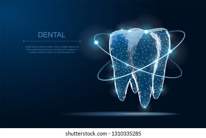 Tooth. Abstract low poly shine bright tooth illustration. Blue background and stars. 
Dental care, dentist clinic, stomatology medicine concept. Dentist white toothpaste, teeth freshness symbol.
