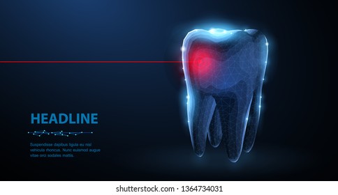 Zahn. Abstrakte, helle Zahlinformation mit Low-Poly-Glanz. Blauer Hintergrund und Sterne. Zahnpflege, Zahnarztklinik, stomatologische Medizin Konzept. Zahnweiße Zahnpasta, Zahnfrischheitssymbol.