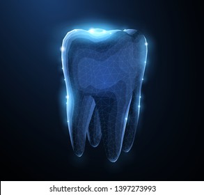 Tooth. Abstract low poly shine bright tooth illustration. Blue background and stars. Dental care, dentist clinic, stomatology medicine concept. Dentist white toothpaste, teeth freshness symbol.