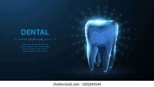 Tooth. Abstract low poly shine bright tooth illustration. Blue background and stars. Dental care, dentist clinic, stomatology medicine concept. Dentist white toothpaste, teeth freshness symbol.
