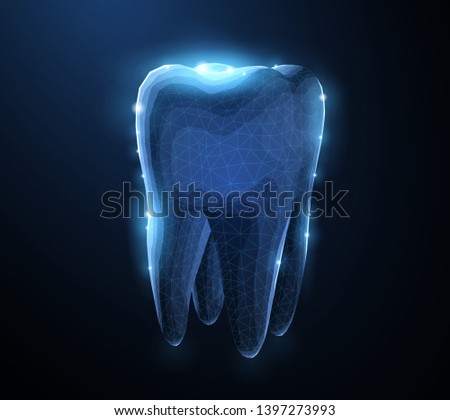 Tooth. Abstract low poly shine bright tooth illustration. Blue background and stars. Dental care, dentist clinic, stomatology medicine concept. Dentist white toothpaste, teeth freshness symbol.