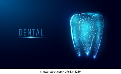 Tooth. Abstract wireframe low poly style banner. Dentistry services, teeth treatment, dental care, stomatology concept. Dark blue background. Vector illustration.  