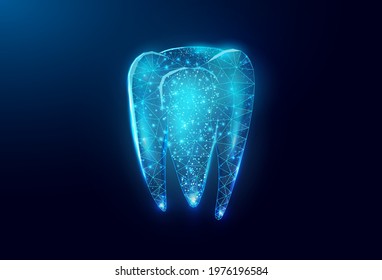Tooth. Abstract wireframe low poly style banner. Dentistry services, teeth treatment, dental care, stomatology concept. Dark blue background. Vector illustration.  