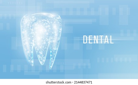 Tooth. Abstract wireframe low poly style banner. Dentistry services, teeth treatment, dental care, stomatology concept. Blue background. Vector illustration.