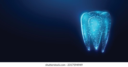 Tooth. Abstract wireframe low poly style banner. Dentistry services, teeth treatment, dental care, stomatology concept. Dark blue background. Vector illustration.  