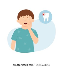 Tooth ache concept.Little boy feeling pain, holding her cheek with hand, suffering from bad toothache. Kid with  painful expression.Caries. Severe tooth pain. Vector illustration 