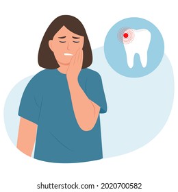 Tooth ache concept.Young female feeling pain, holding her cheek with hand, suffering from bad toothache. Woman with  painful expression.Caries. Severe tooth pain. Vector illustration 