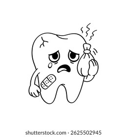 Design de ilustração de mascote para dor de dente. Compressão dentária. Vetor preto e branco de desenhos animados com dor de dente. Vamos escovar os dentes