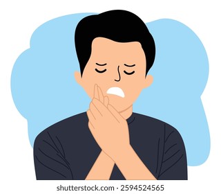 tooth ache. young man feeling pain holding his cheek with both hands suffering from bad toothache having painful expression
