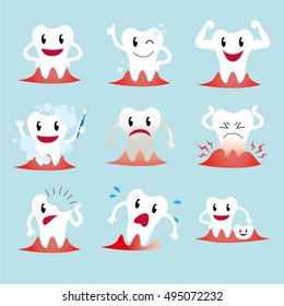Tooth activity character design vector set illustrator for dental health care.