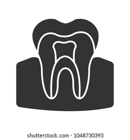 Tooth anatomical structure glyph icon. Silhouette symbol. Tooth root and crown. Dentin, enamel, pulp. Negative space. Vector isolated illustration