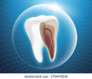 Anatomía dental en burbuja protectora sobre fondo azul, ilustración 3d
