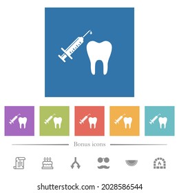 Tooth anesthesia flat white icons in square backgrounds. 6 bonus icons included.