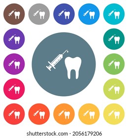 Tooth anesthesia flat white icons on round color backgrounds. 17 background color variations are included.