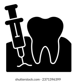 Diente con icono sólido de la jeringa de anestesia, concepto de inyecciones, signo de anestesia de los dientes sobre fondo blanco, inyección dental para el ícono de extracción dental en estilo glifo. Gráficos vectoriales