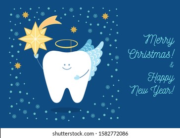 Tooth angel holding Christmas Star. Greeting card from a dentistry. Merry Christmas and a Happy New Year!