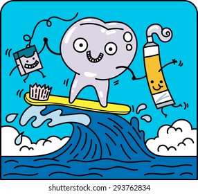 a tooth animated surfing over a toothbrush with a tube of toothpaste and a dental floss.