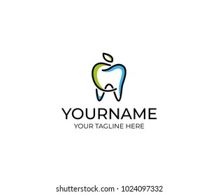 Tooth and apple linear logo template. Dental clinic vector design. Healthy eating illustration