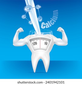 Tooth arm muscle with a weight scale. calcium.Diet concept. Vector.