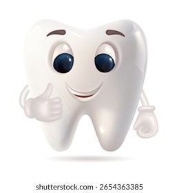 A tooth with arms and legs is joyfully giving a thumbs up