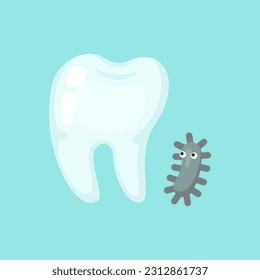 Diente con bacterias, lindo y colorido ilustración del icono vectorial