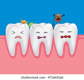 Tooth with bacteria. Dental problem. Sad decayed teeth fear with bacteria vector cartoon