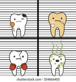 Tooth bad guys. Concept of problematic teeth. Funny vector illustration