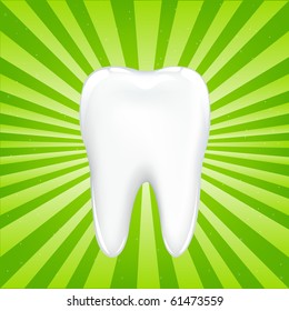 Tooth With Beams, On Green Background With Beams, Vector Illustration