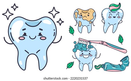 Tooth befor and after cleaning dental care concept. Vector graphic design illustration element
