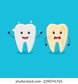 Tooth before and after whitening infographic element concept. Cleaning and whitening teeth vector illustration. White happy tooth and moody yellow tooth cartoon character in flat design.